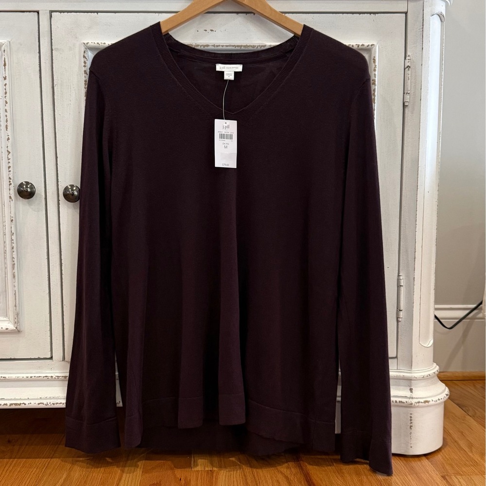 NWT J. Jill Carmen Silk Cotton Sweater Dark Fig V-Neck Slit Sleeve Medium‎